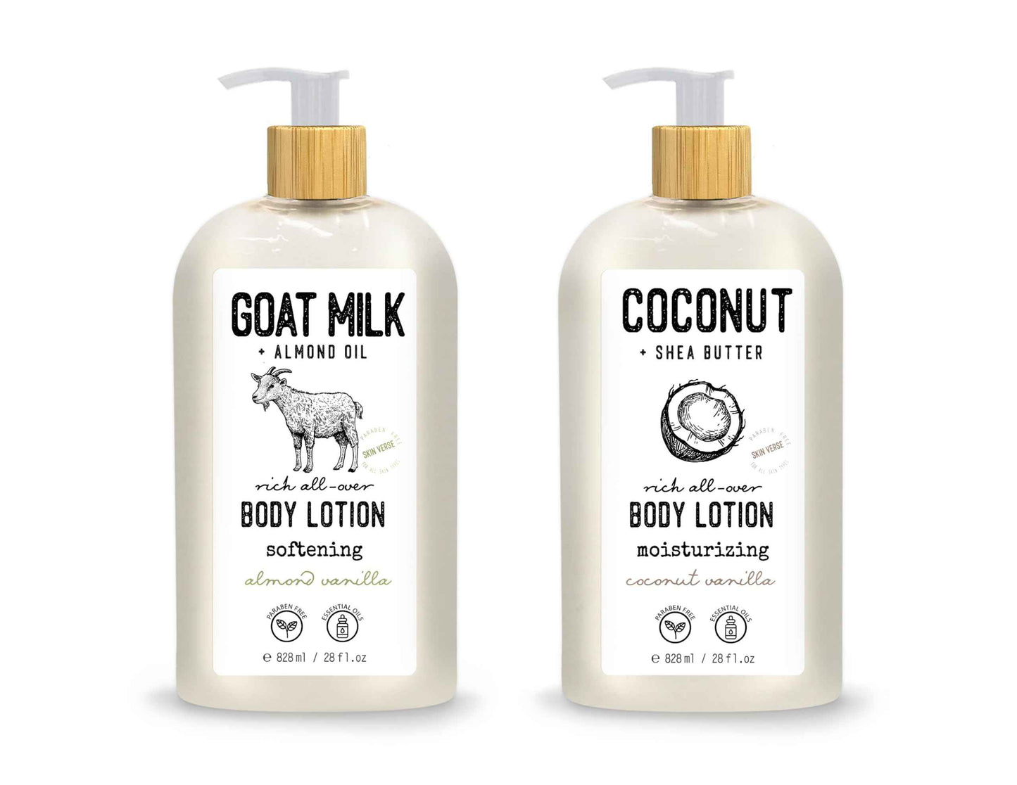 Skin Verse Body Lotion, Goat Milk, Almond Oil Body Lotion, Softening, Almond Vanilla, Coconut, Shea Butter Body Lotion, Moisturizing, Coconut Vanilla, 28 fl. oz. | Home and Body Co