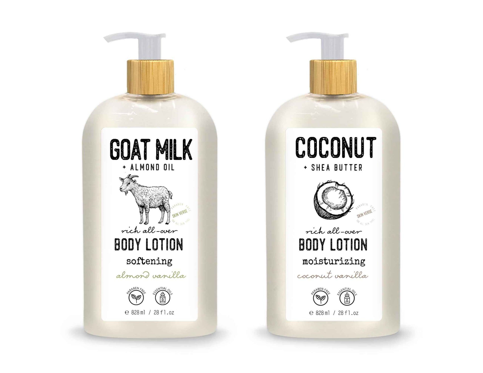 Skin Verse Body Lotion, Goat Milk, Almond Oil Body Lotion, Softening, Almond Vanilla, Coconut, Shea Butter Body Lotion, Moisturizing, Coconut Vanilla, 28 fl. oz. | Home and Body Co