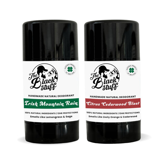 The Black Stuff Natural Deodorant with Cocoa Butter & Lemon - Aluminum Free for Men, Long-Lasting Freshness, Irish Mountain Rain & Citrus Cedarwood Blast (Pack of 2)