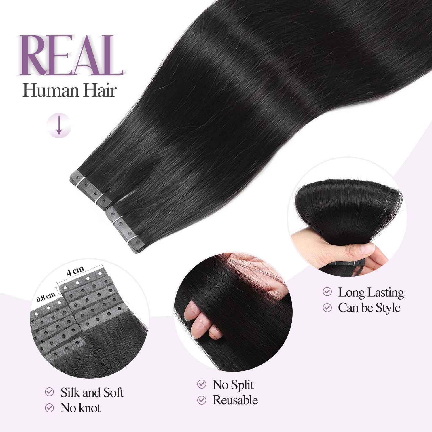 FANCEE No Glue Human Hair Extensions - Jet Black Tape-in With Holes, Glueless Invisible Seamless Skin Weft for Women (40g 20Pcs, 14 Inch)