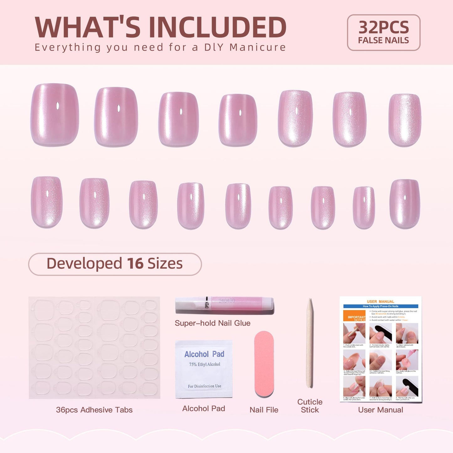 Gel Press On Nails Short - WAFOLOZE Pink Press On Nails Square, Short Fake Nails with Nail Glue, Artificial Nails 16 Sizes - 32Pcs Reusable Soft Gel False Nails Tips Kit，Glue On Nails Short