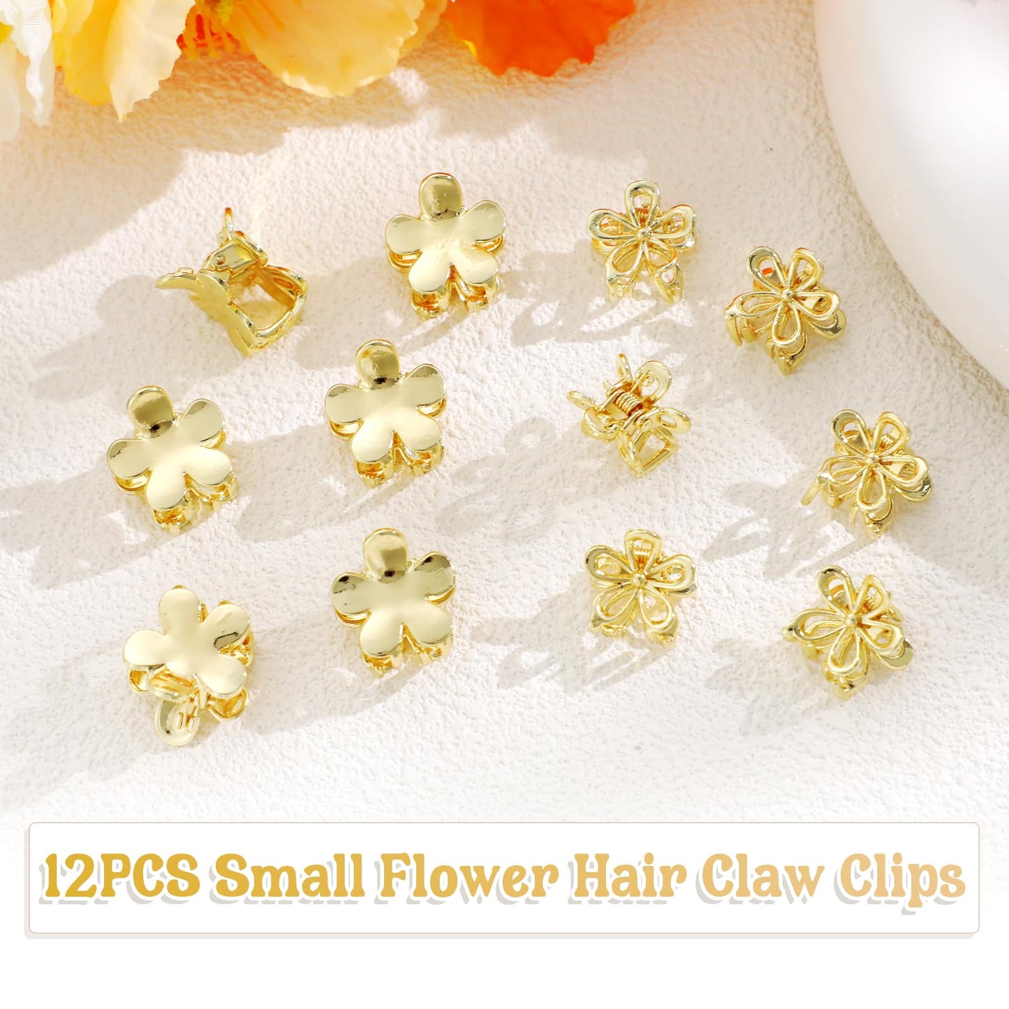 CWJCYTNSN 12PCS Gold Metal Flower Claw Hair Clips for Women Girls - 0.6" Mini Nonslip Bangs Clips for Thick, Thin, Curly Hair Accessories