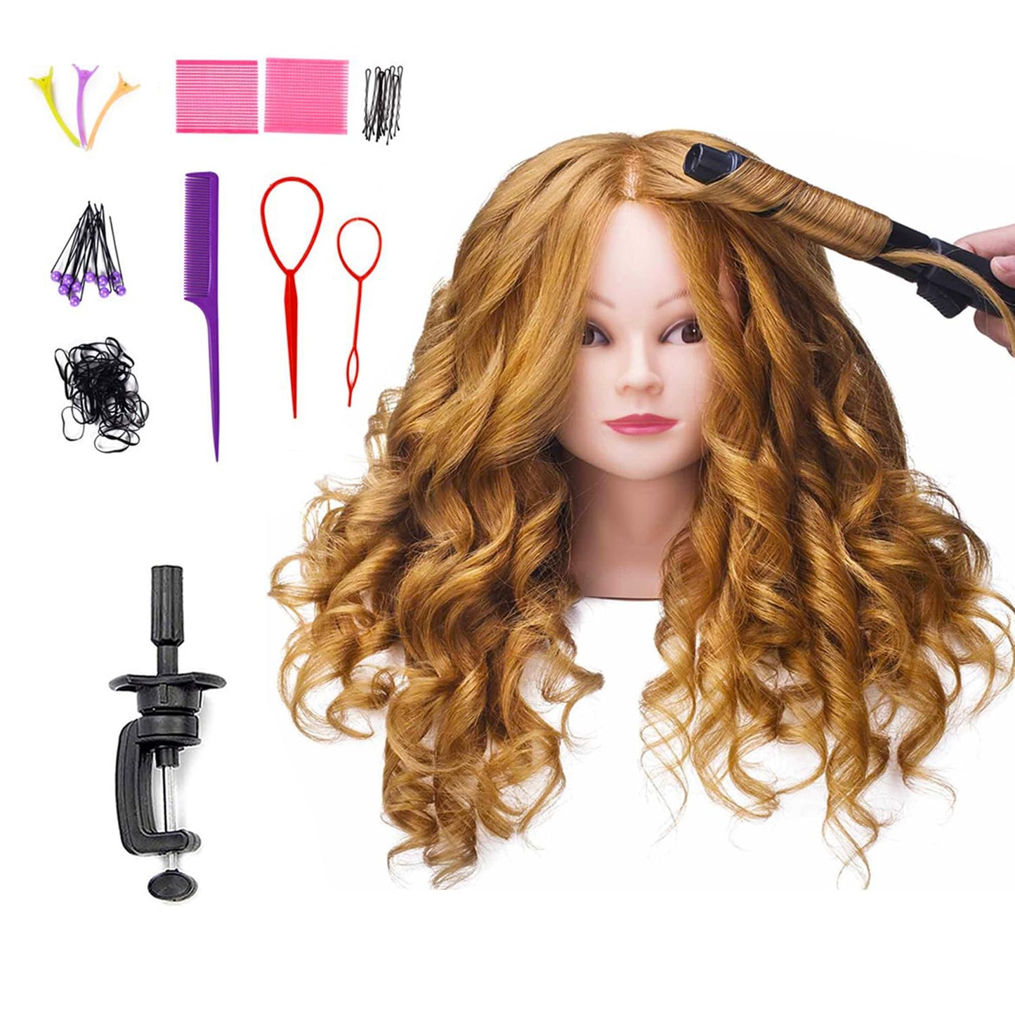 SOPHIRE 26"-28" Long Hair Mannequin Head with 60% Real Hair, Hairdresser Practice Training Head Cosmetology Manikin Doll Head with 9 Tools and Clamp - Golden, Makeup On