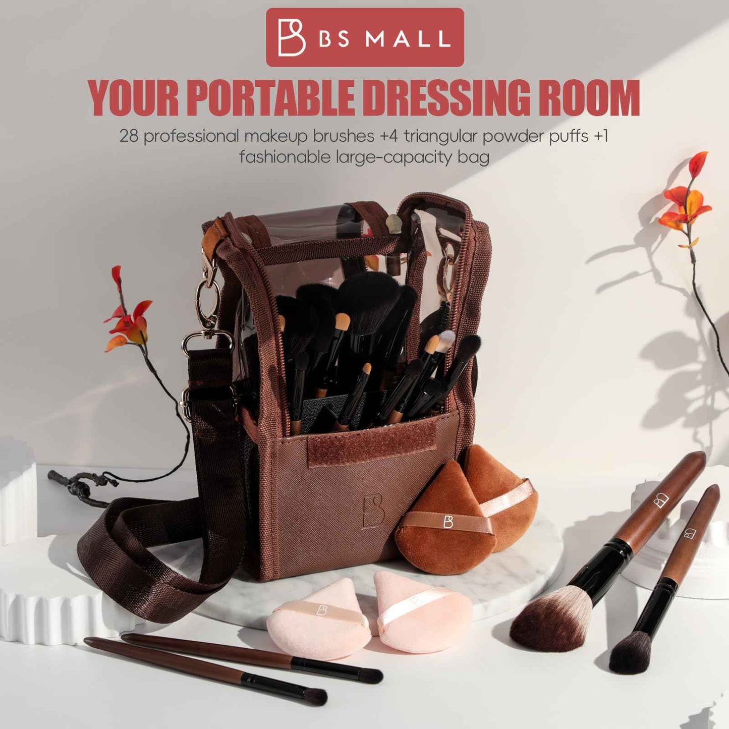 BS-MALL Professional Makeup Brush Set 28 Pcs With Travel Makeup Bag,Concealer Brush, Foundation Brush, Blush Brush, 4 Pcs Triangle Puff & makeup sponges for Flawless beauty on the Go