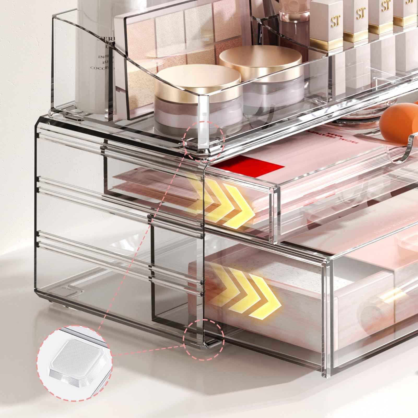 Delamu 3-Tier Clear Makeup Organizer with Drawer, Acrylic Cosmetic Display Case for Makeup Vanity Bathroom Counter Organizers and Storage, Stackable Vanity Organizer for Brushes Lipsticks Skincare