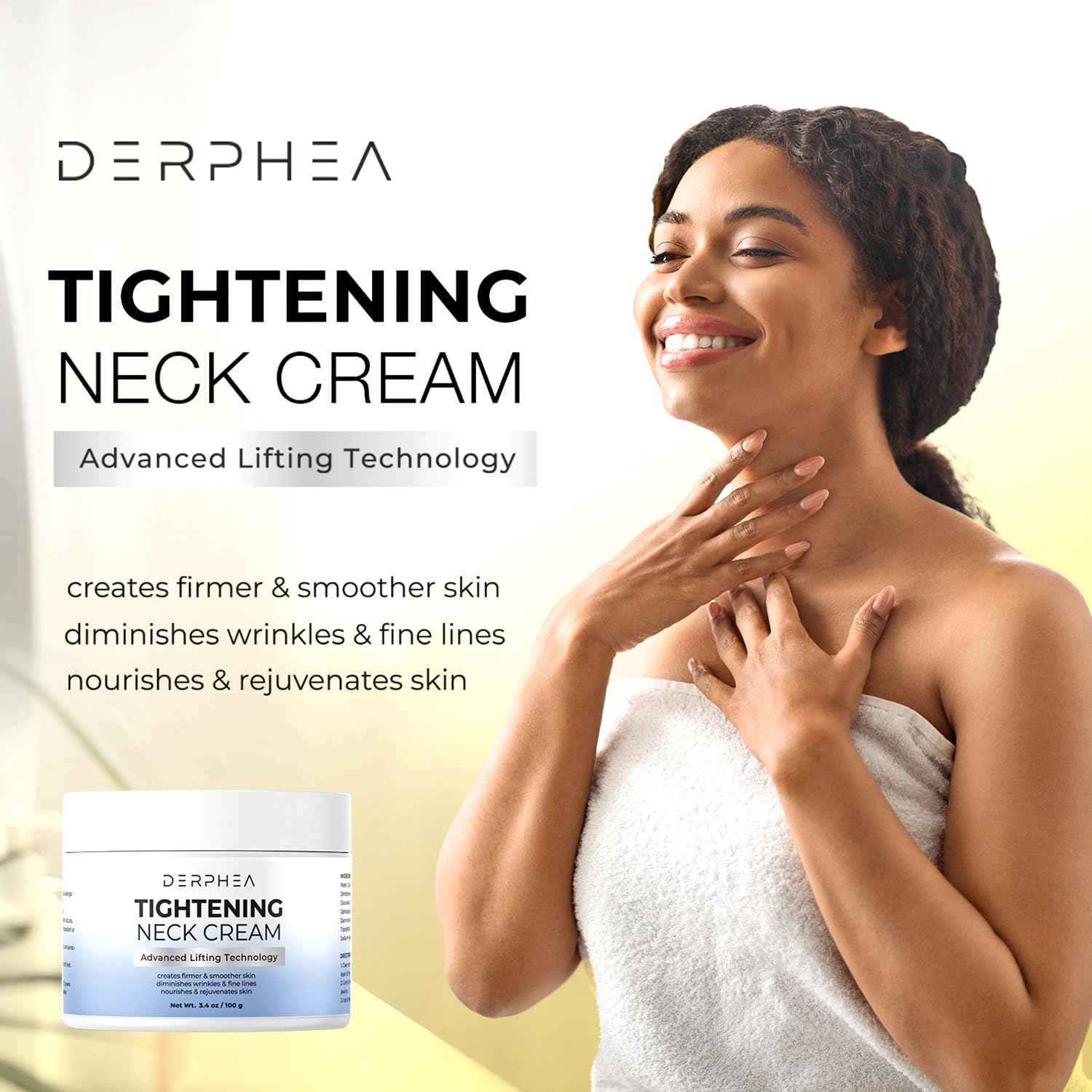 DERPHEA Neck Cream For Tightening And Firming: Advanced Neck Tightening Cream - Tighten And Lift Neck Cream For Wrinkle & Fine lines - Loose & Sagging Skin On Face, Neck, Chest & Decollete - 3.4 Oz