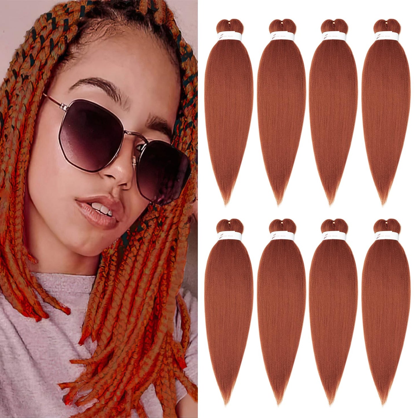 YDDM Pre Stretched Braiding Hair 14 Inch 8Packs Ginger Braiding Hair Synthetic Kanekalon Braiding Hair Pre Stretched Soft Yaki Texture Itch Hot Water Setting Straight 350 Braiding Hair (14 Inch,350#)