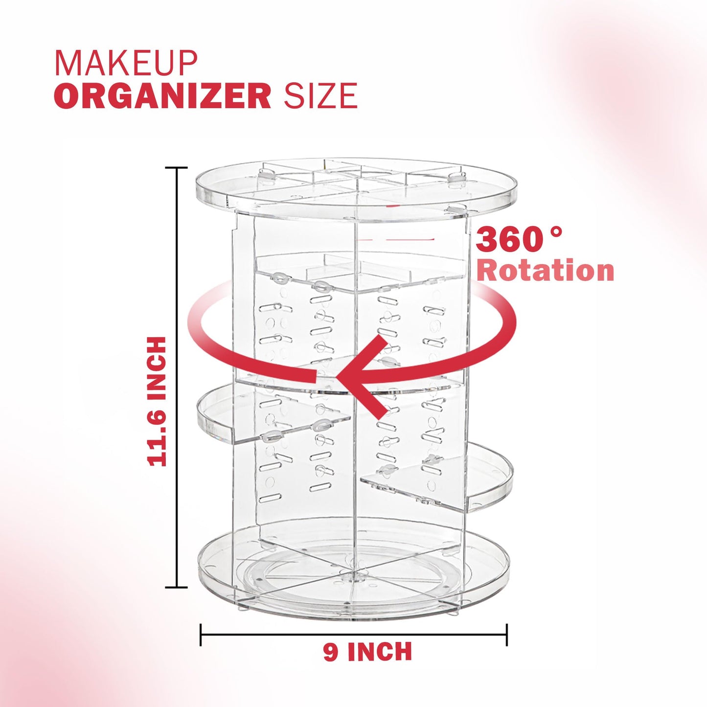 Percol 360 Skin care Organizer Acrylic Makeup 4 Trays and 8 Adjustable Levels, Elegant Makeup Storage for Essential Makeup and Skincare Products (9x9x12 inch) Rotating Makeup Organizer