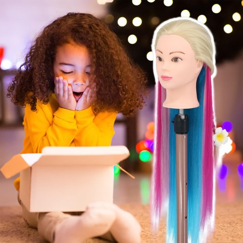 Mannequin Head with Hair, 29'' Training Head Braiding Doll Head for Hair Styling Manikin Cosmetology Mannequin Head Hair Practice Model Head with Clamp Holder(Colorful)
