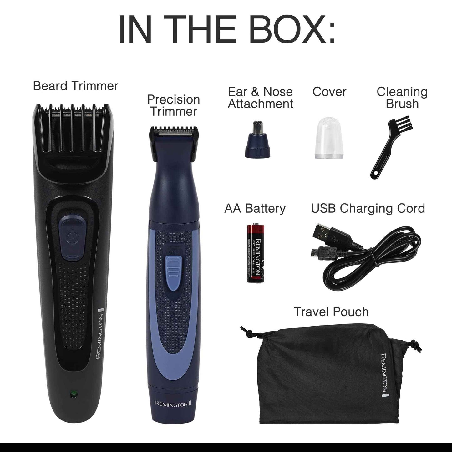 Remington Rechargeable Beard Trimmer Kit for Mustaches, Nose Hair, and Light Detailing and Grooming with Bonus Battery Nose Trimmer