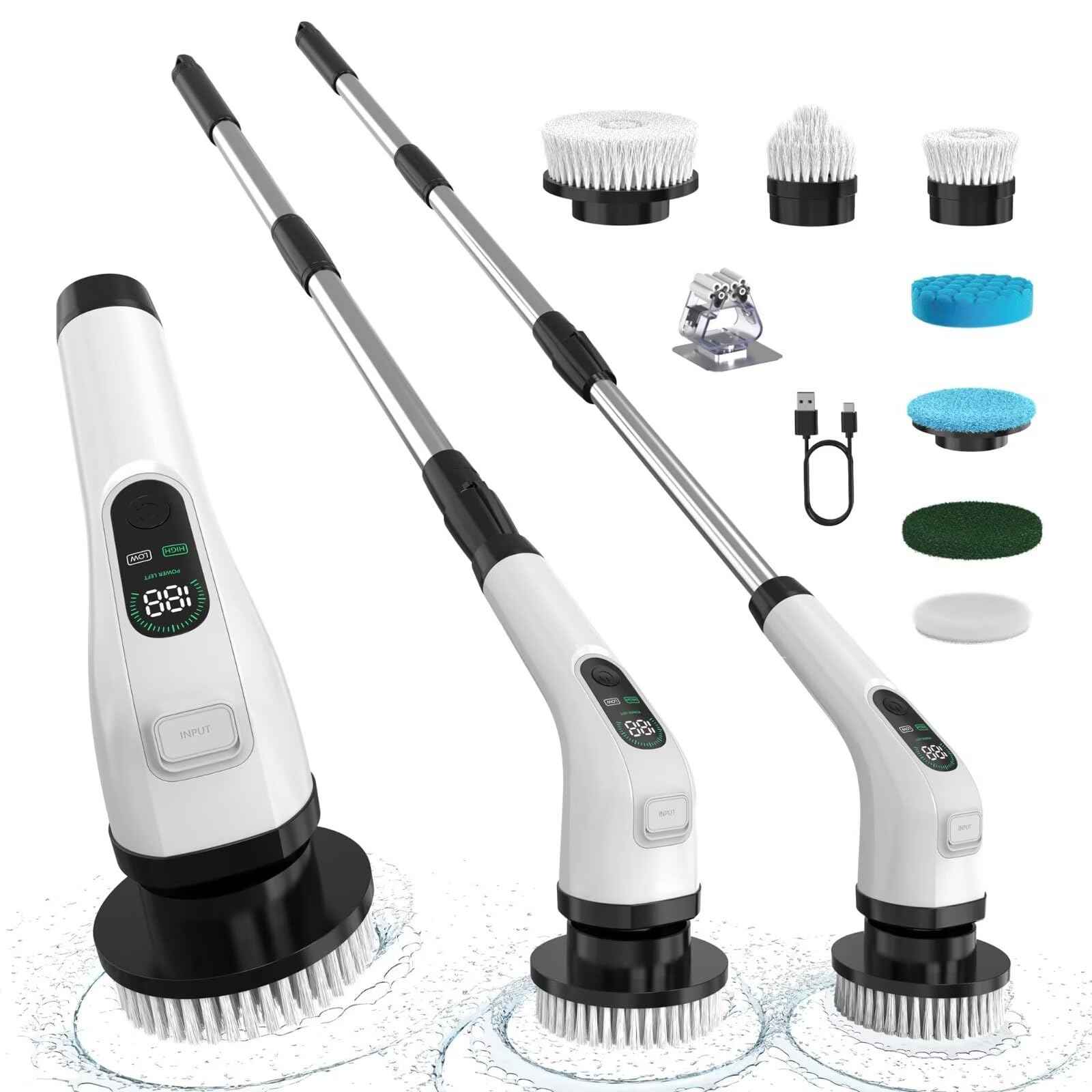 ALPONO Electric Spin Scrubber with Long Handle: Cordless Power Shower Scrubber - Spin Brush with 7 Brush Replacement Heads for Cleaning Bathroom,Tub, Tile, White, ALPONO-A11