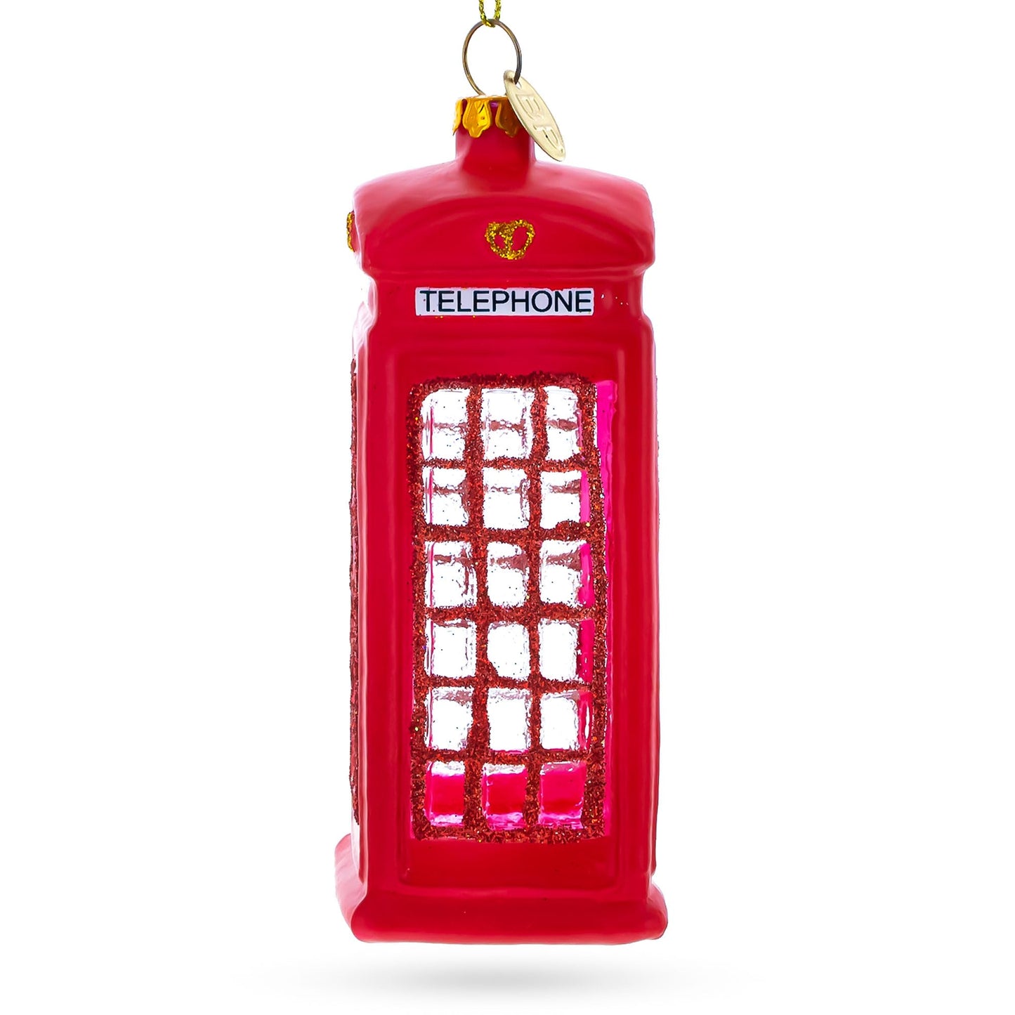 Red Telephone Booth in London, United Kingdom Blown Glass Christmas Ornament