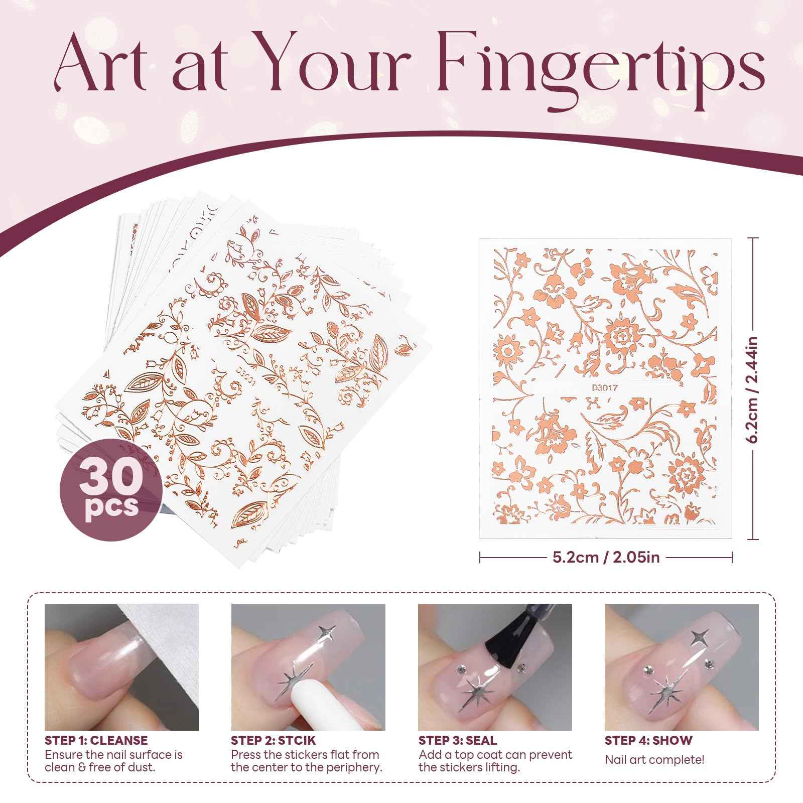 BTBT ARTCharms 30 Sheets Nail Stickers for Nail Art Rose Gold Noble Design Nail Charms Accessories 3D Self Adhesive Nail Decals for Women Girls DIY Nail Art Supplies