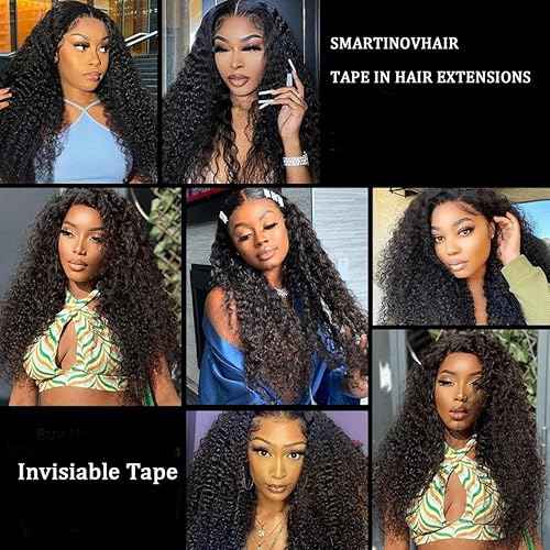 Curly Tape in Hair Extensions Human Hair for Women Water Wave Double Side Skin Weft Tape on 16 Inch Real Virgin Hair Deep Water Wave Invisible Seamless Hair Extensions 50g 20pcs