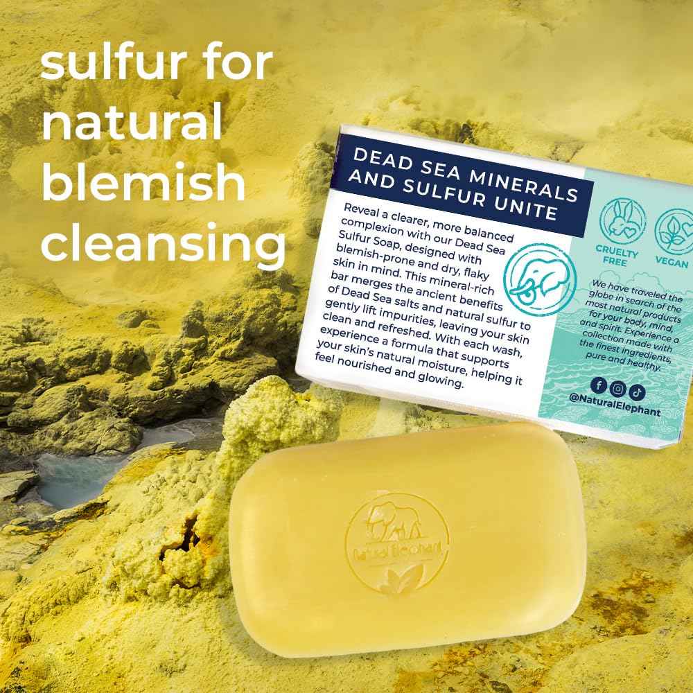 Natural Elephant Dead Sea Sulfur Soap 4.4 oz with Dead Sea Salt, Aloe Vera, Sulphur Face and Body Cleanser Bar for All Skin Types (3 Pack (13.2 oz Total))