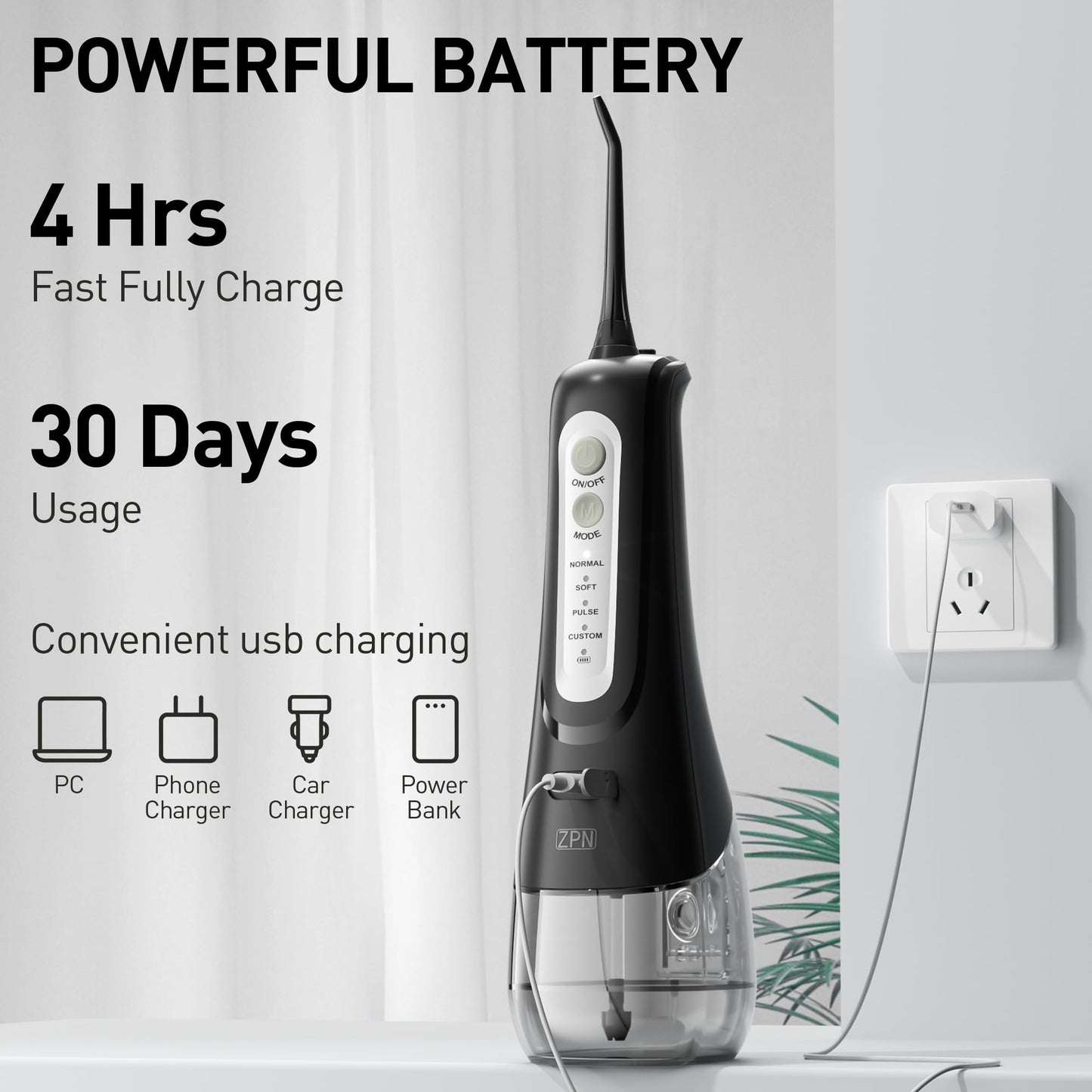 ZPN Water Dental Flosser Cordless for Teeth Cleaning，with 4 Modes Oral Irrigator, 5 Replaceable Jet Tips, Portable and Rechargeable IPX7 Waterproof Teeth Cleaner for Home and Travel (Black)