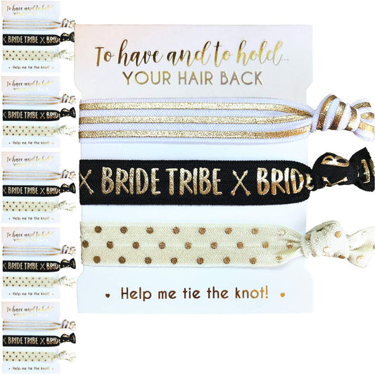 5-Pack of Hair Tie Cards - Bachelorette Party and Wedding Shower Proposal Favors for Bridesmaids, Team Bride, Bride Tribe (Black & Gold (Tribe))