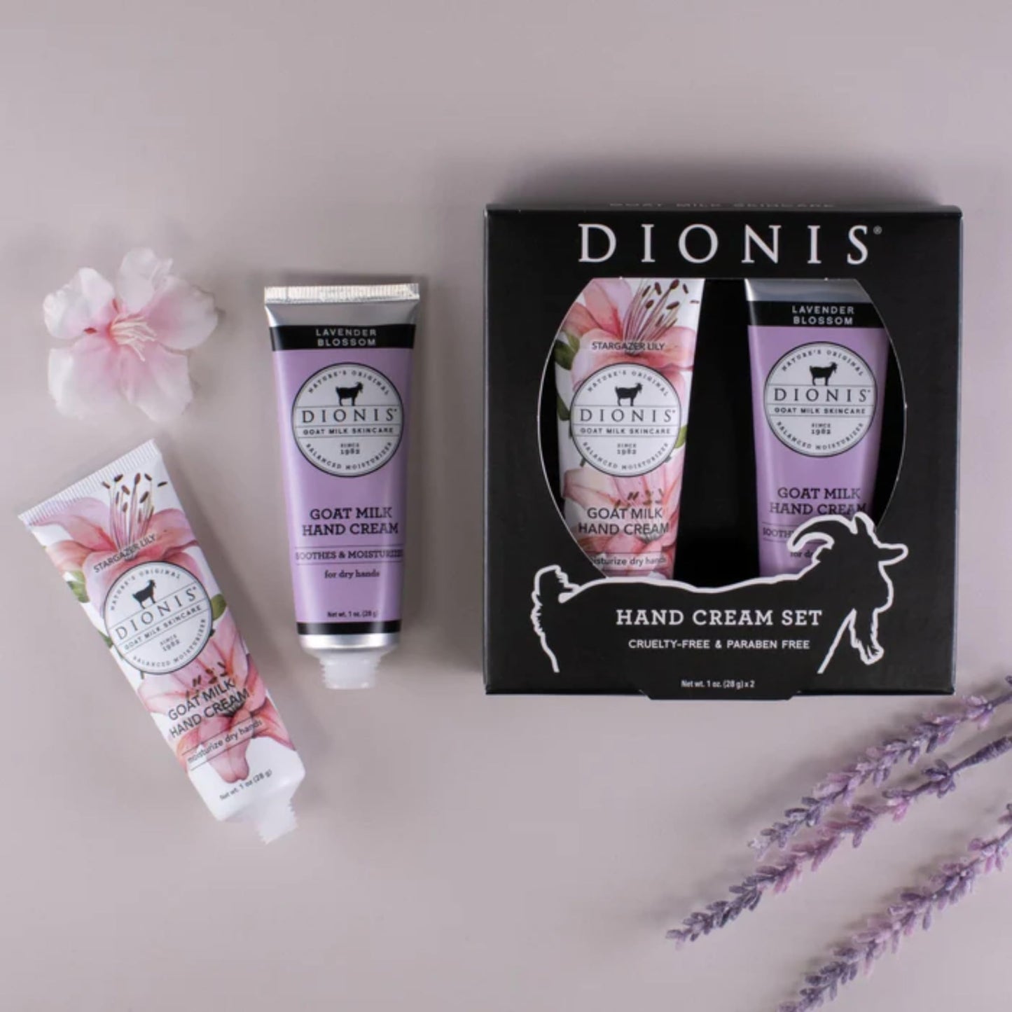 Dionis Goat Milk Skincare Lavender Lily Hand Cream Set of 2- Lavender & Love Scented 1oz Mini Lotions Gift Box For Dry Hands - Paraben Free Travel Size Moisturizer Packed with Vitamins & Minerals