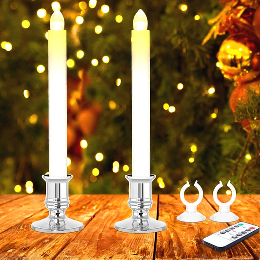 Window Candles 2 Pack Battery Operated Flameless Taper Candles Christmas Window Candles Light with Remote Control, Timer, Removable Silver Holder and Suction Cup for Home Christmas Decorations