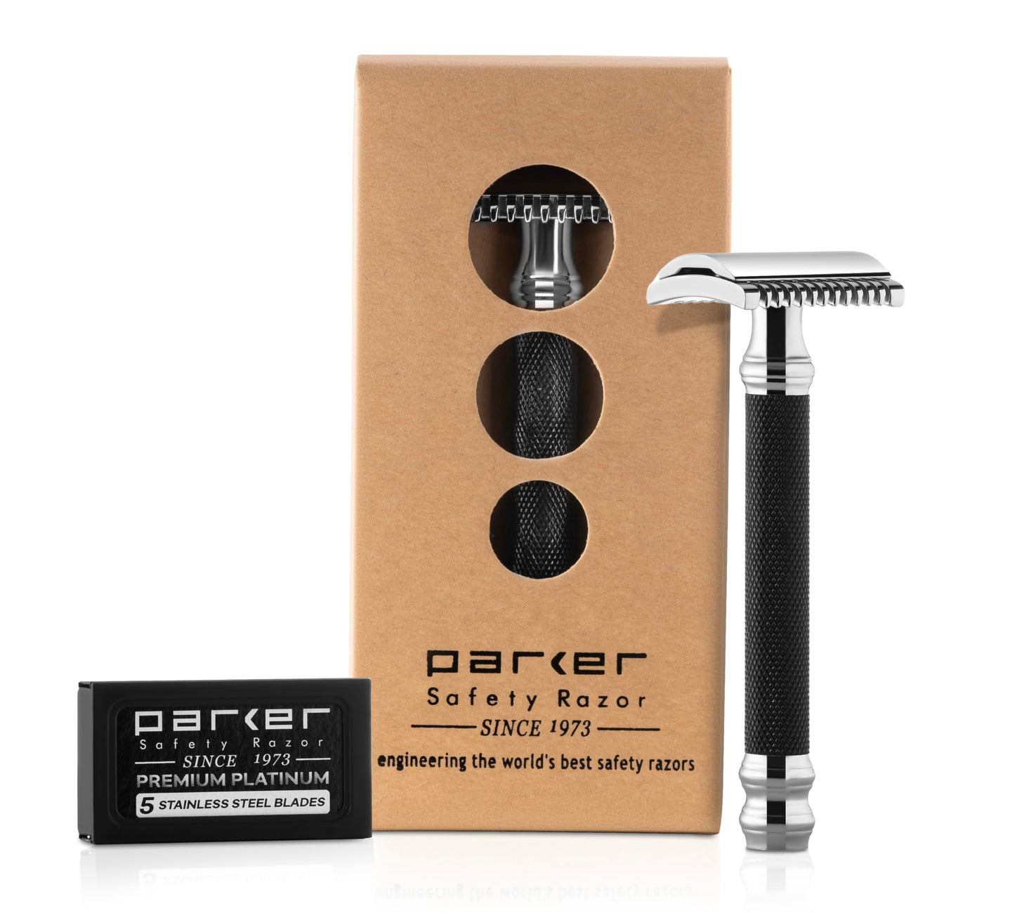 Parker Deluxe OPEN COMB Double Edge Safety Razor, Electroplated Brass Handle, 5 Blade Refills Included (26C - Graphite Gray)