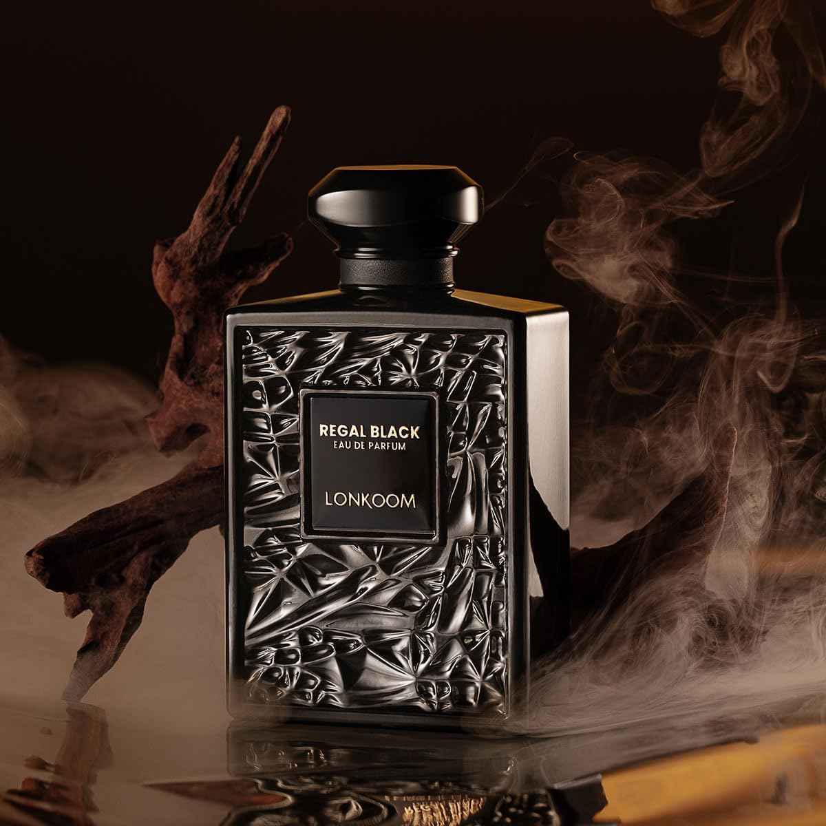 LONKOOM Regal Black Perfume for Men, Woody Spicy Eau De Parfum Spray Long-Lasting Fragrance Cologne 3.4 Fl Oz/100ml, Notes of Frankincense Black Pepper Bergamot Vetiver Papyrus Sandalwood Rose Saffron