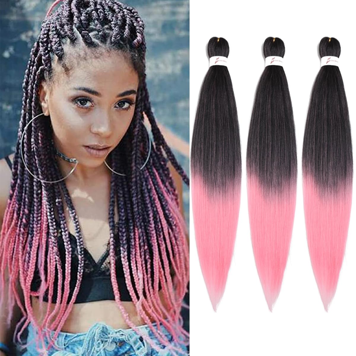 Pre Stretched Braiding Hair Professional Crochet Braid Hair 30 Inch 3 Packs Soft Synthetic Braiding Hair Extensions for Twist Senegalese Crochet Hair(30",1B/Pink)