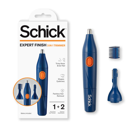 Schick Hair Trimmer, 3-in-1 Trimmer for Nose, Ear & Eyebrows, Painless Hair Removal, Cordless, Quick-Change Attachments, Waterproof, Expert Finish, Unisex Grooming