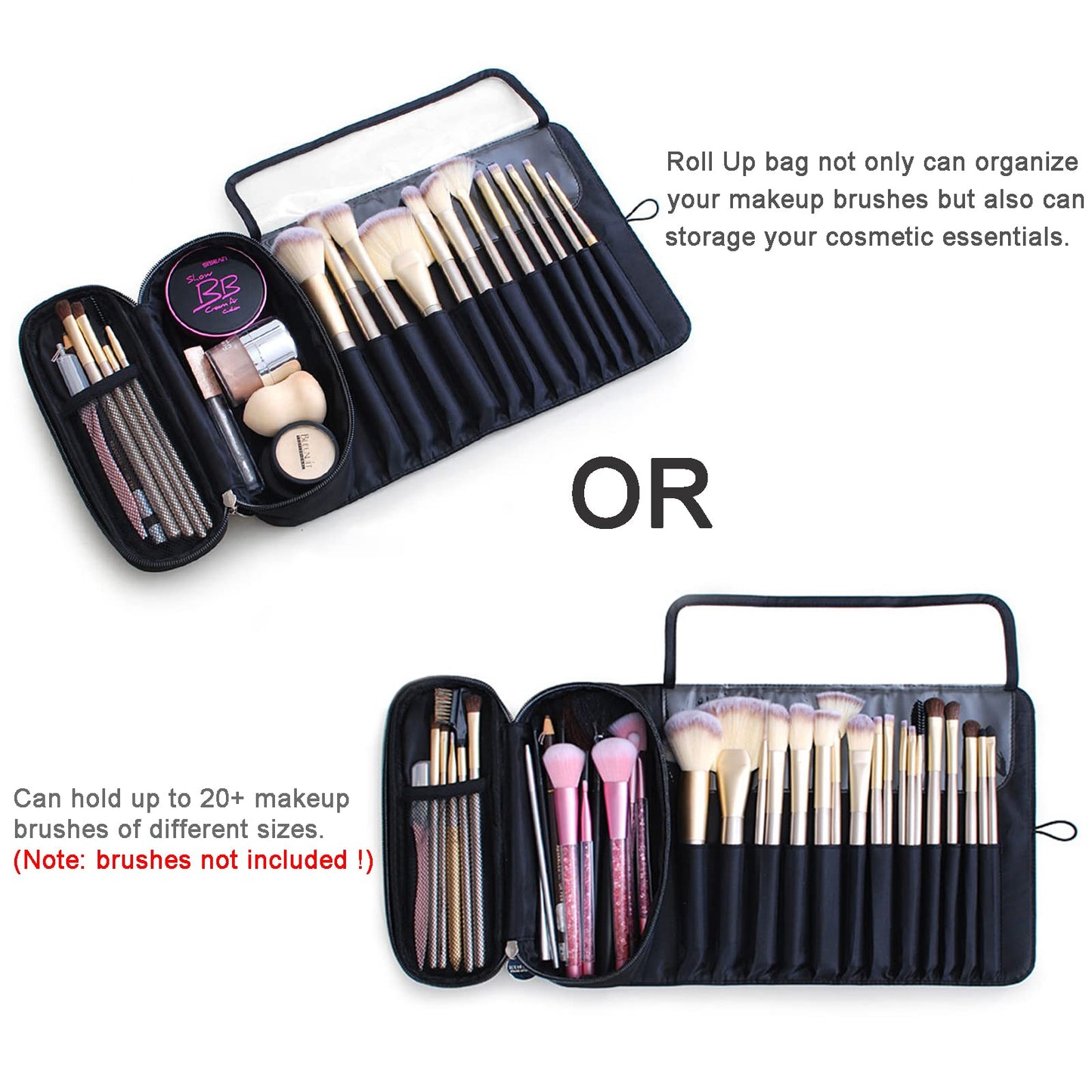 Portable Makeup Brush Organizer Makeup Brush Bag for Travel Can Hold 20+ Brushes Cosmetic Bag Makeup Brush Roll Up Case Pounch Holder for Woman With Bonus Brush Cleaning Mat and Makeup Sponge