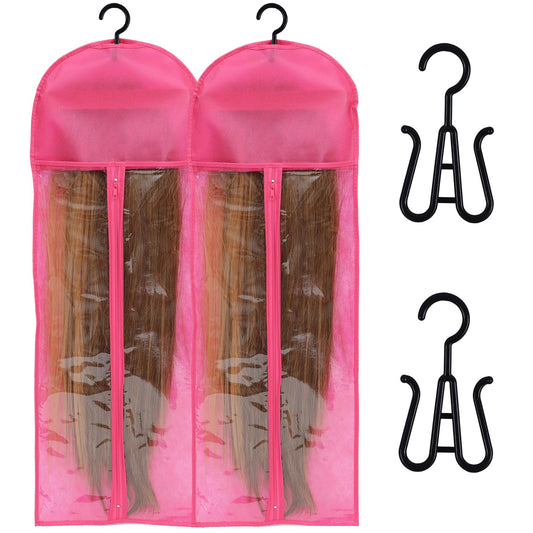 AIAIZHQH 2 Packs Extra Long Hair Extension Holder Wig Holder Wig Storage Bags with Hanger, Wig Storage for Multiple Wigs Hair Extension Hanger with Bag (31.5 Inch, 2Pcs Pink)