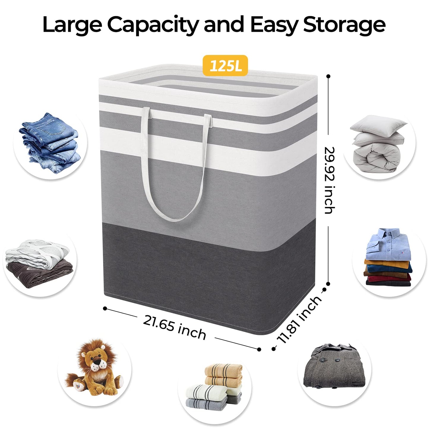 HomeHacks Large Laundry Basket, Waterproof, Freestanding Laundry Hamper, Collapsible Tall Clothes Hamper with Extended Handles for Clothes Toys in The Dorm and Family-(Gradient Grey, 125L)