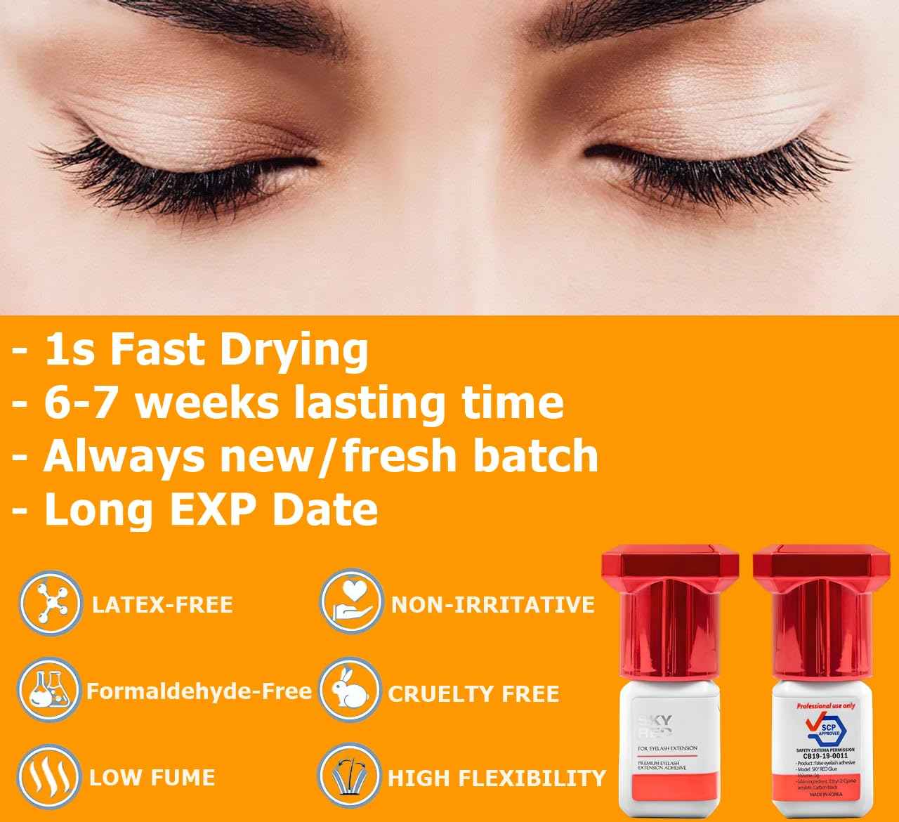 Sky Red Glue Eyelash Extension 5ml, Upgrade Sky S+ Glue - Excellent Performance & Result Professional Eyelash Extension Adhesive - 1s Fast Drying / 6-7 Weeks Long Retention time, Professional Use Only