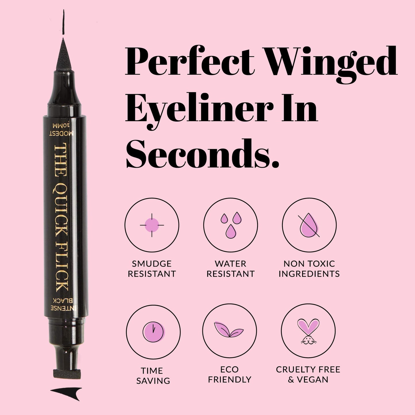 The Quick Flick - Wings Eyeliner Stamp, Felt-Tip Liquid Eyeliner, Water-and-Smudge-Proof Cat Eyeliner, Intense Black Liquid Eyeliner Pen, To The Point 10mm (2mm Thickest) Winged Eyeliner Stamp, 2 Pens