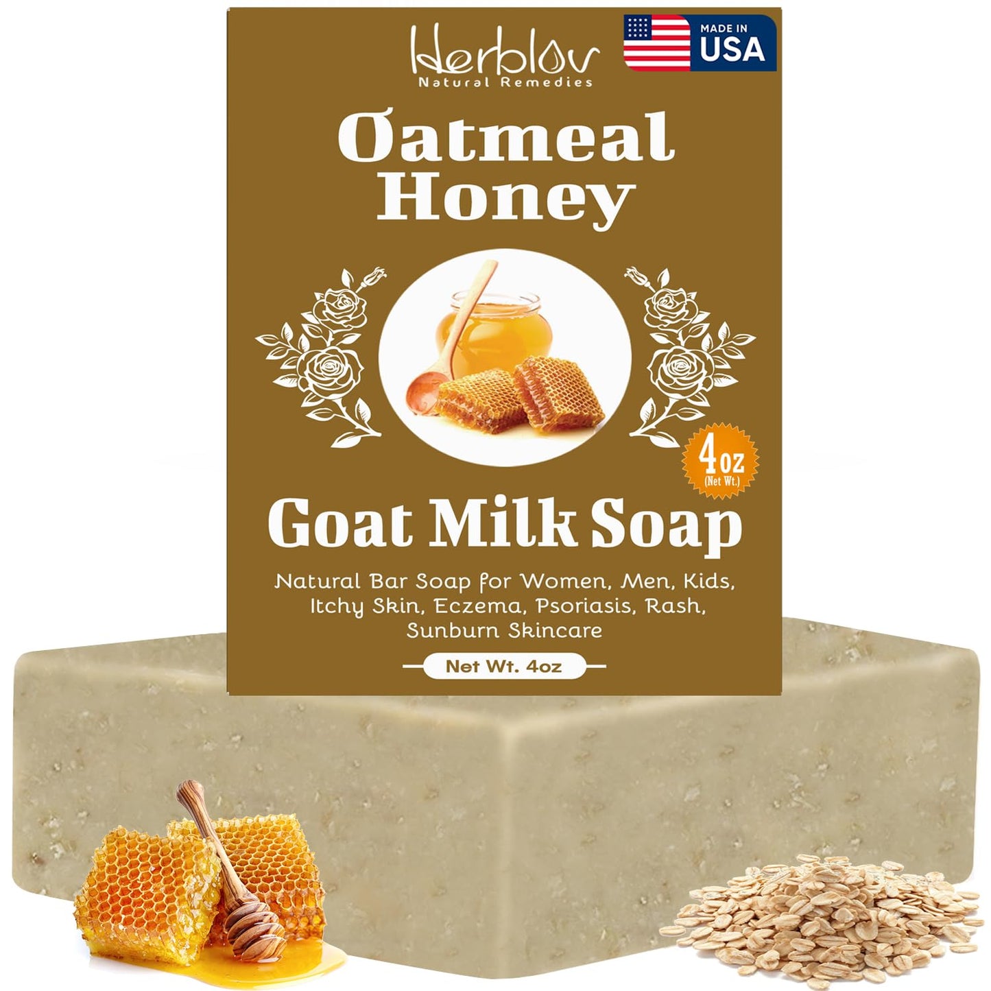 Oatmeal Honey Goat's Milk Soap Bar – Natural Bar Soap for Women, Men, Kids, Itchy Skin, Eczema, Psoriasis, Rash, Sunburn Skincare – Calming Colloidal Oatmeal Face Cleanser & Body Wash, Made in USA