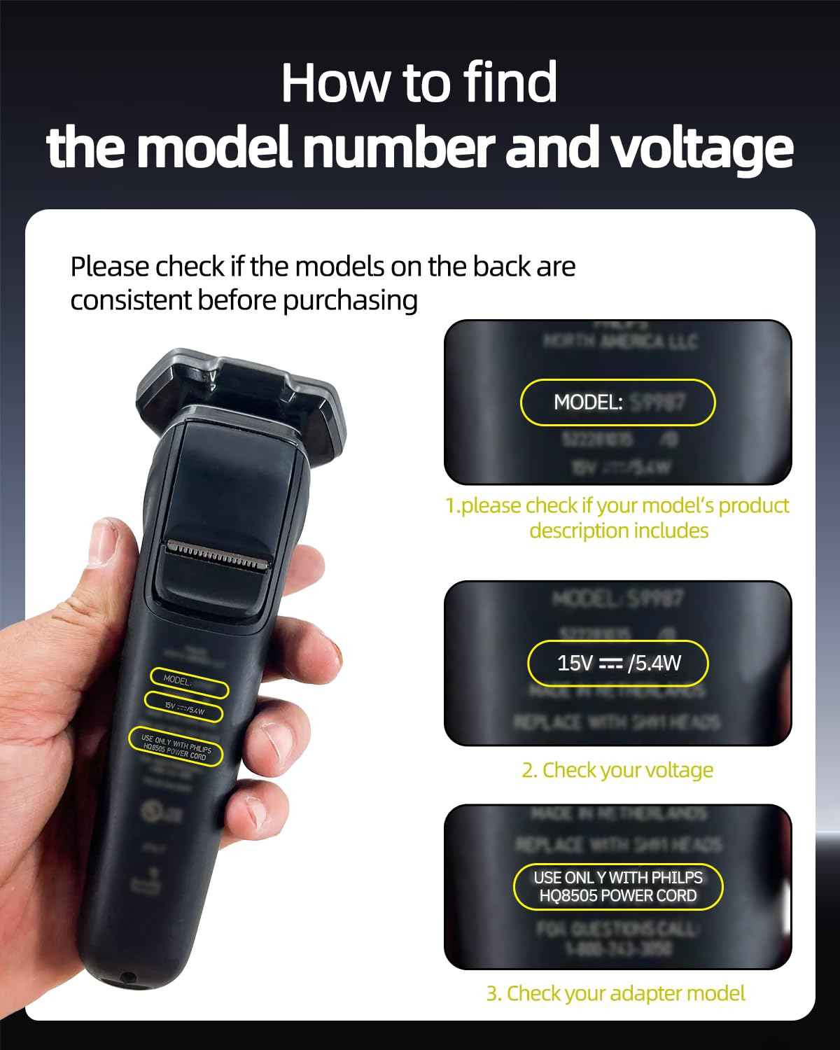 15V Power Cord Fit for Philips Norelco HQ8505 MG5750 MG7750 MG7770 MG7790 QP6531 QP6510 QP6520 QP6530, Fit for Aquatec Arcitec Charger Electric Shaver Trimmer Razor