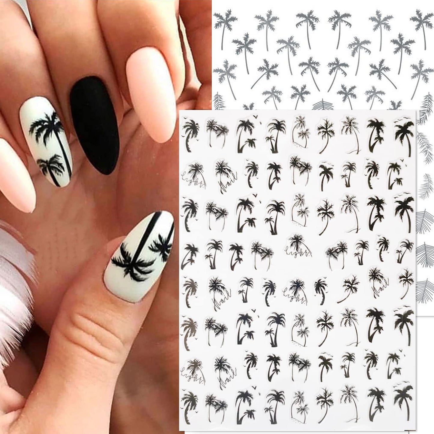 Summer Coconut Tree Nail Stickers Palm Tree Leaf Designer Nail Decals for Summer Nails Art Decorations Supplies 3D Self-Adhesive Black Gray Tropical Style Summer Nail Art Stickers for Women, 6Sheets