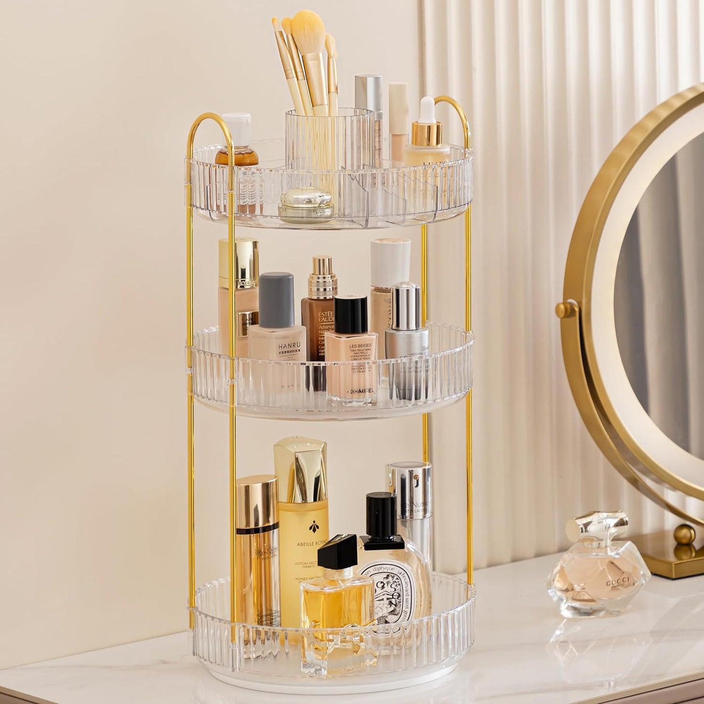 HBlife 360 Rotating Makeup Organizer, 3 Tier Perfume Organizer Skincare Organizer Large Capacity Cosmetic Storage for Bathroom, Vanity, Countertop, Clear