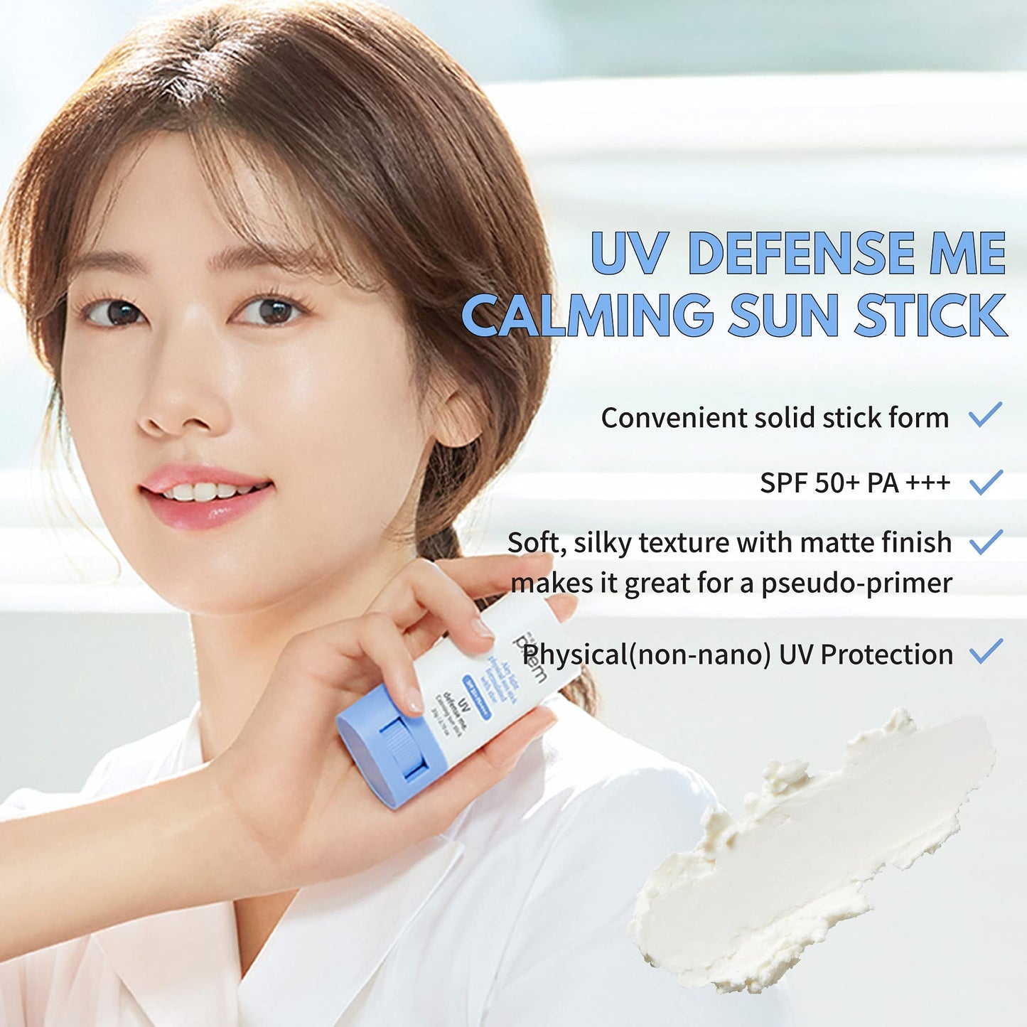 MAKEPREM UVA UVB Defense Me Calming Sun Stick Sunblock SPF 50+ PA++++ 0.7 Oz VEGAN Sensitive Oily Acne-Prone Skin Reef-Safe Mineral Sunscreen Non-Nano No Chemical UV Protection Non-Greasy Sticky Kids