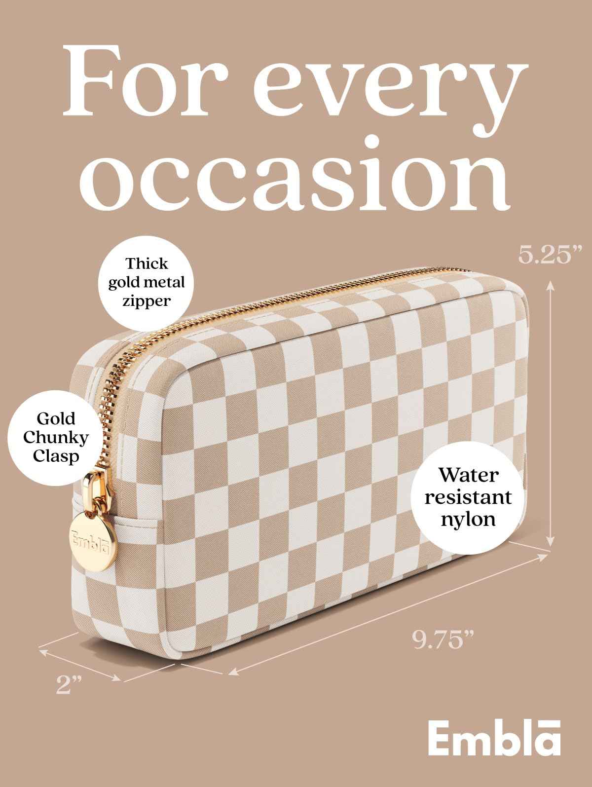 Embla Makeup Bag Travel Cosmetics Pouch and Toiletry Bag, Nylon Zipper Pouch Purse, Cute Make Up Organizer Storage Tote for Women Girls, Travel Skincare Case, Small Makeup Case, Sand Checkered