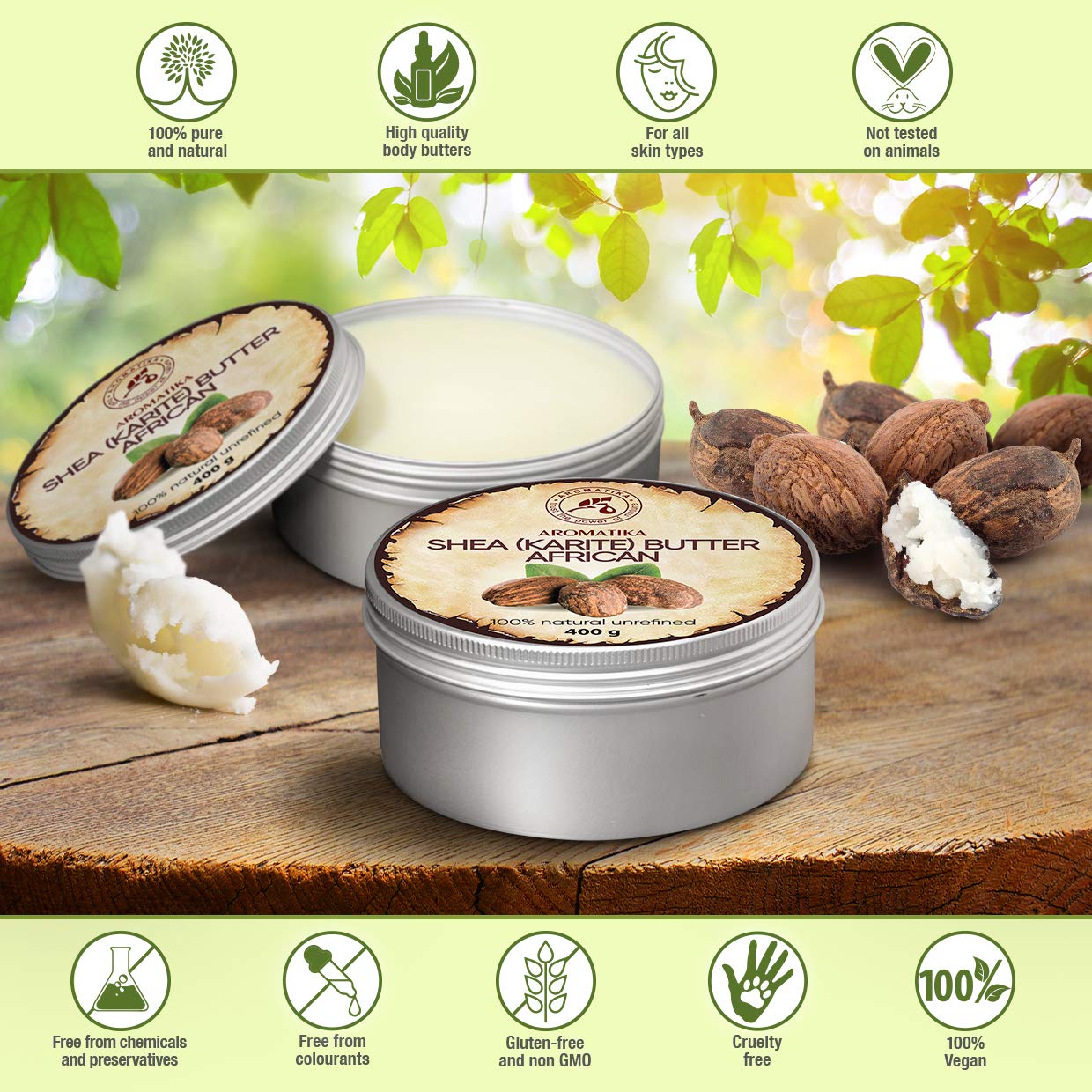 AROMATIKA Shea Butter Cold Pressed 14.1 Oz - Unrefined African Shea Butter - Ghana - 100% Pure & Natural - Best for Hair - Skin - Lip - Face - Body Care - Karite Shea Butter - Aluminium jar