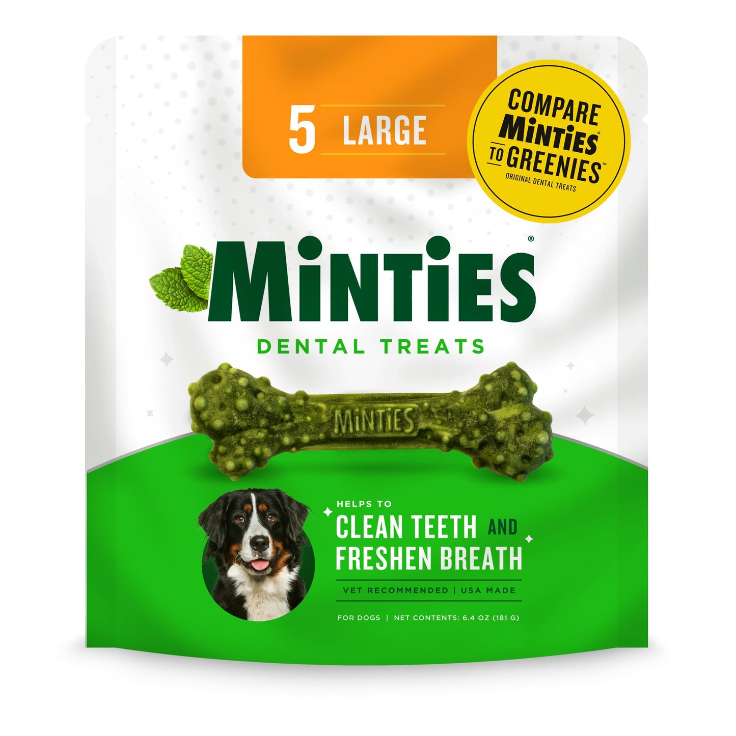 Minties Dental Chews for Dogs, 5 Count, Vet-Recommended Mint-Flavored Dental Treats for Large Dogs Over 50 lbs, Dental Bones Clean Teeth, Fight Bad Breath, and Removes Plaque and Tartar