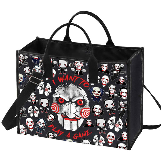 LEVLO Jigsaw Killer Tote Bag Horror Movie Fans Gift I Want To Play A Game Jigsaw Killer Shoulder Bag Horror Movie Merch (Play A Game LT)