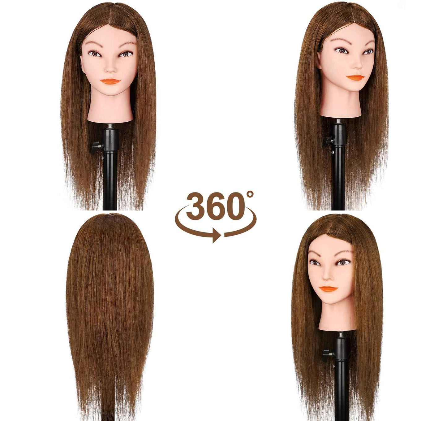 Mannequin Head with 100% Real Human Hair, Beauty Star Manikin Doll Head for Hair Styling, Cosmetology Hairdressing Training Practice Head with Clamp Stand and Braiding Accessories Kit (18" Dark Brown)