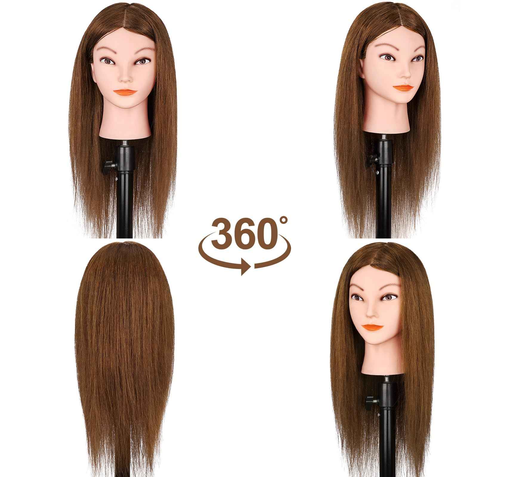 Mannequin Head with 100% Real Human Hair, Beauty Star Manikin Doll Head for Hair Styling, Cosmetology Hairdressing Training Practice Head with Clamp Stand and Braiding Accessories Kit (18" Dark Brown)