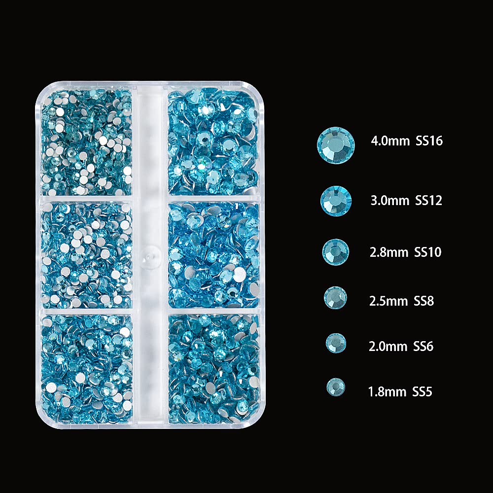 6Grids 3000Pcs Clear Flatback Rhinestones , Lake Blue Nail Gems Crystals Jewels, Craft Glass Diamonds Stones Bling Rhinestone with Tweezers and Picking Pen For Nail Face Makeup(1.8mm~4mm Crystal)