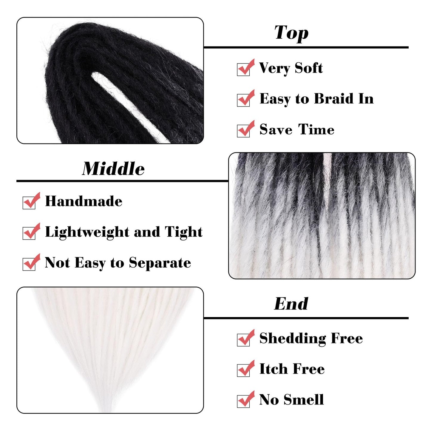 Leeven 30 Strands Double Ended Dreadlock Extensions 24 Inch Black to White Synthetic Crochet DE Dreads Extensions Full Set Handmade Soft Loc Extensions Reggae Style Hair for Women Men