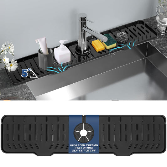 24" Kitchen Sink Faucet Splash Guard Plus Size Silicone Sink Faucet Drying Mat Faucet Handle Drip Catcher Tray Dish Sponge Holder Kitchen Sink Accessories Protector Home Organization Gadgets Organizer