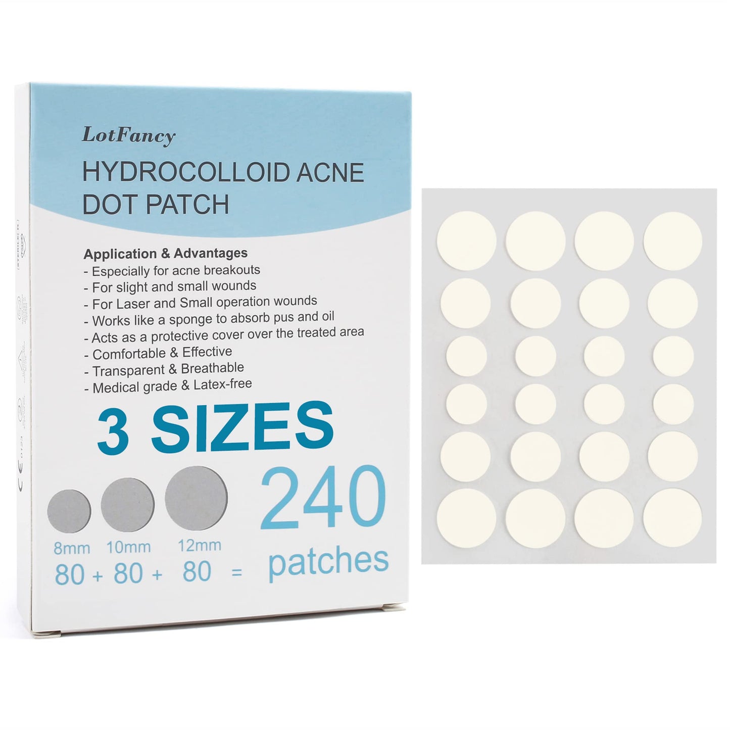 LotFancy Acne Patches, 240 Count, 3 Sizes (12, 10, 8mm), Hydrocolloid Pimple Patches for Face, Clear Zit Stickers for Blemishes, Spots, Skin Acne Dots Treatment