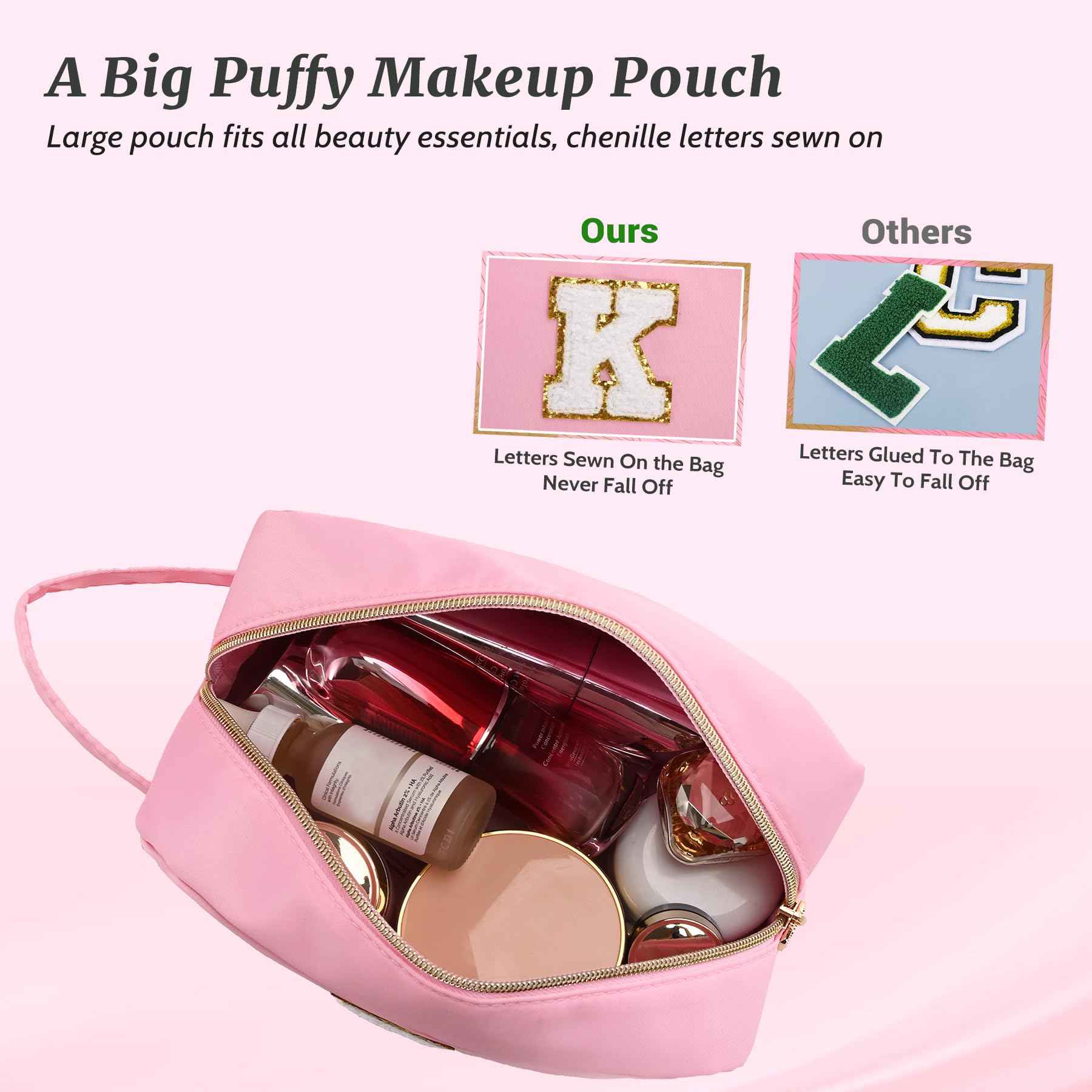 Aveniee Initial Makeup Bag for Women,Monogram Travel Make Up Bag Organizer With Handle,Personalized Cosmetic Toiletry Bag,Christmas Birthday Gifts for Women Teen Girls Daughter Teacher-Pink A