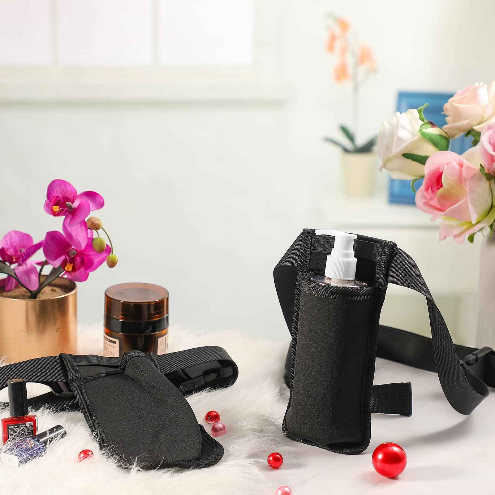 Eaasty 3 Sets Massage Bottle Holster Adjustable Single Holster and 8 oz Plastic Pump Dispenser Bottles for Lotion Massage Oil, Black