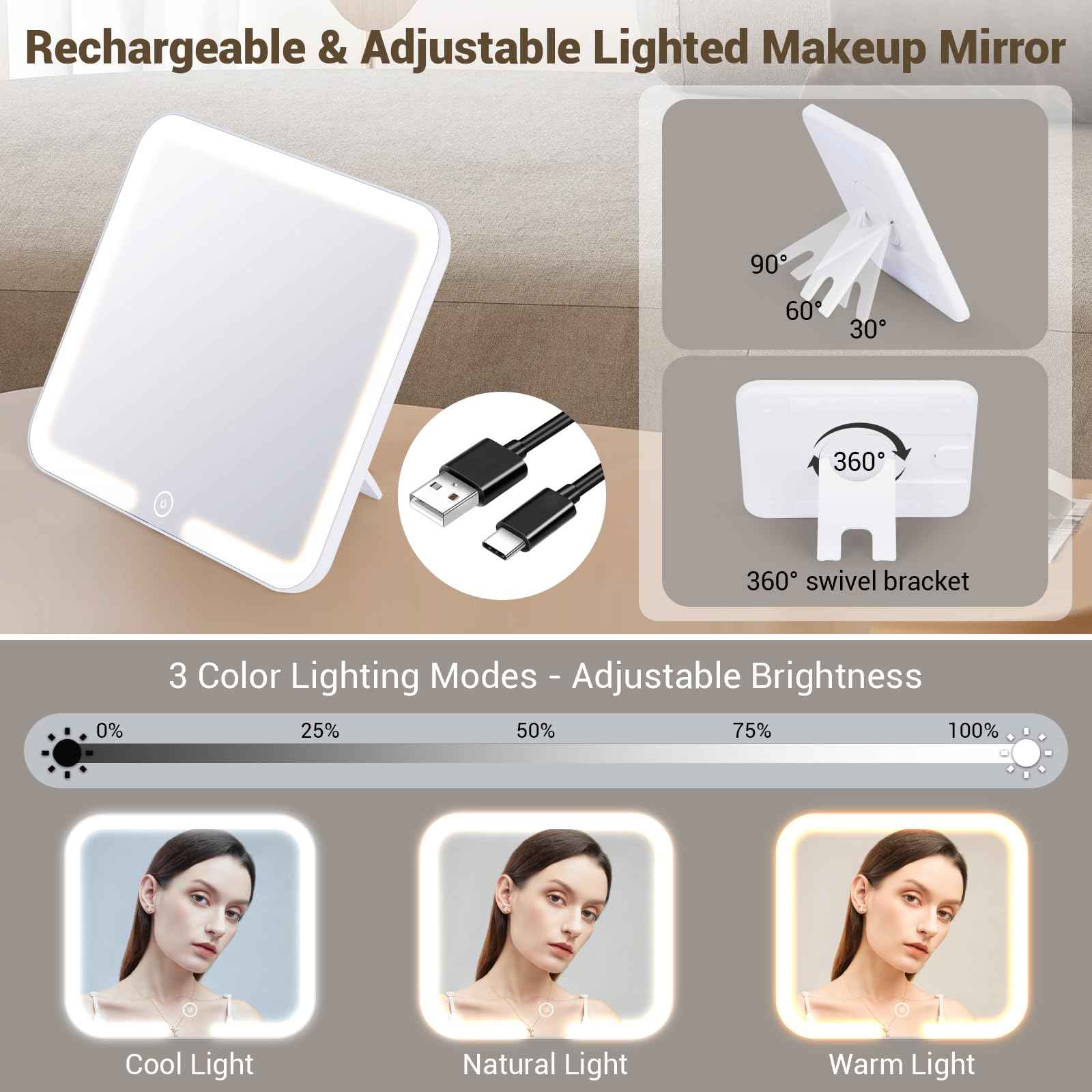 Aiborke Travel Makeup Bag with Led Mirror Make up Case with Lighted Mirror Cosmetic Organizer bag with Adjustable Dividers and 5X Magnifying Mirror Makeup Box Organizer Vanity Case for Women (Black)